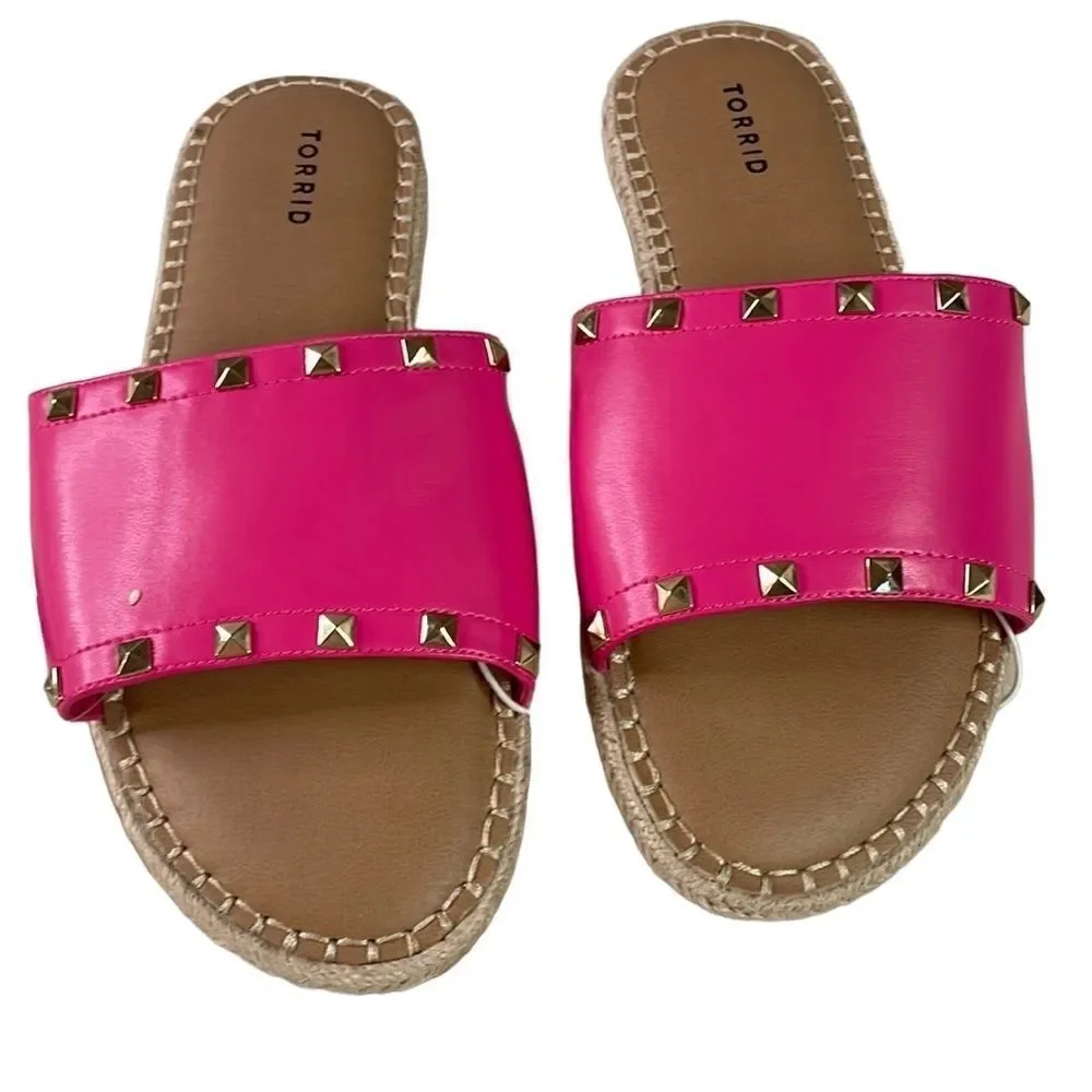 TORRID Hot Pink Studded Faux Leather Slide Sandals Espadrille Size 9 WW Wide NEW